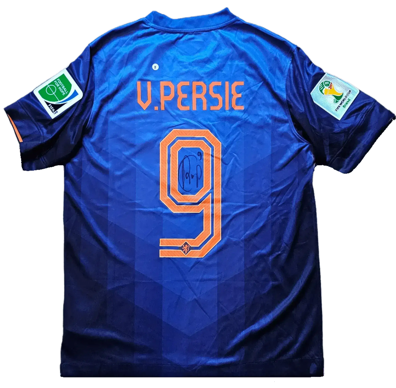 Back view showing V. Persie, No. 9, and a visible signature on a blue and orange football shirt.