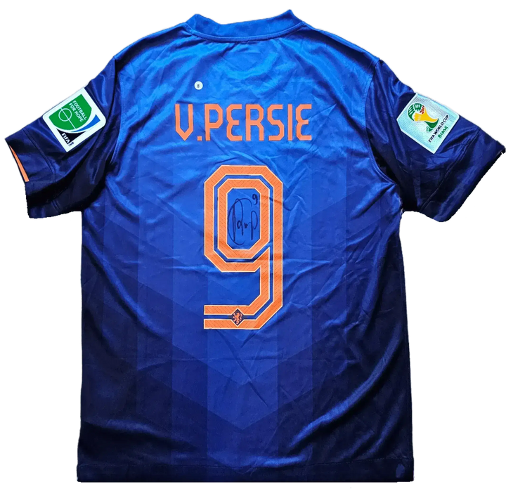 Back view showing V. Persie, No. 9, and a visible signature on a blue and orange football shirt.