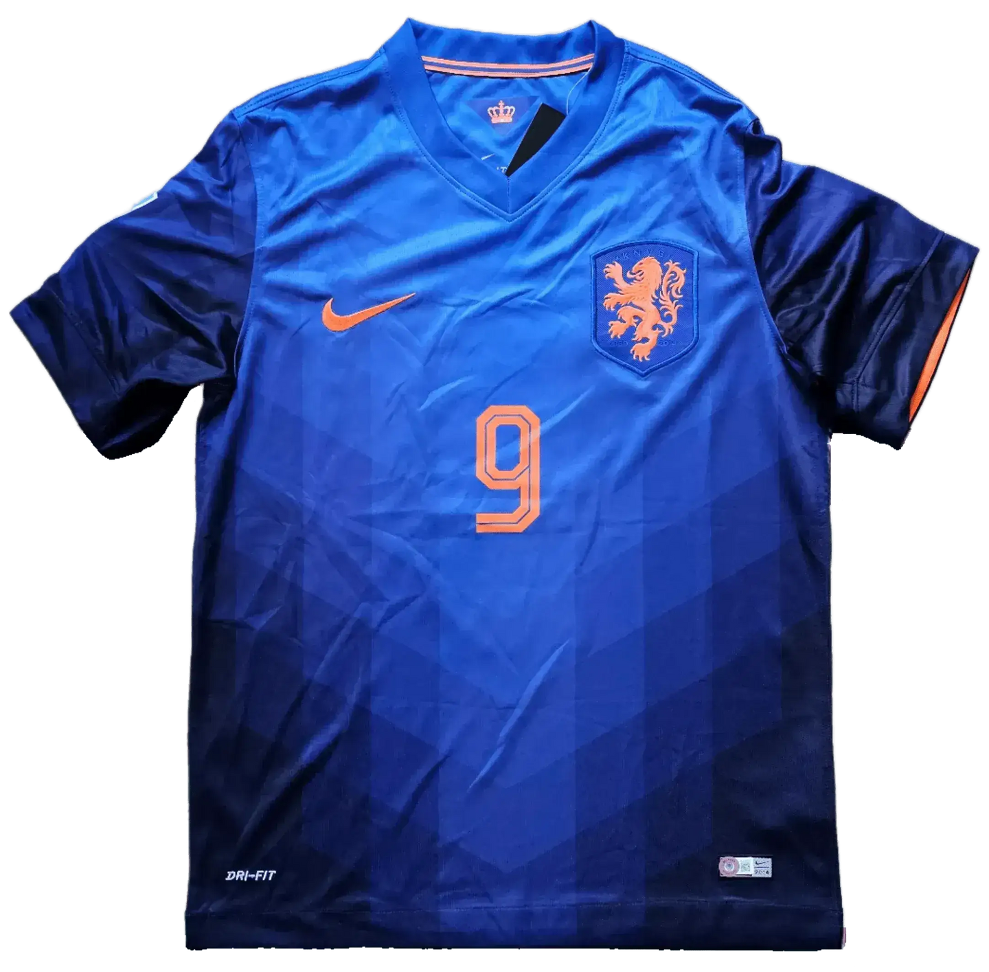 Front view showing orange No. 9 and crest with lion on blue football shirt.