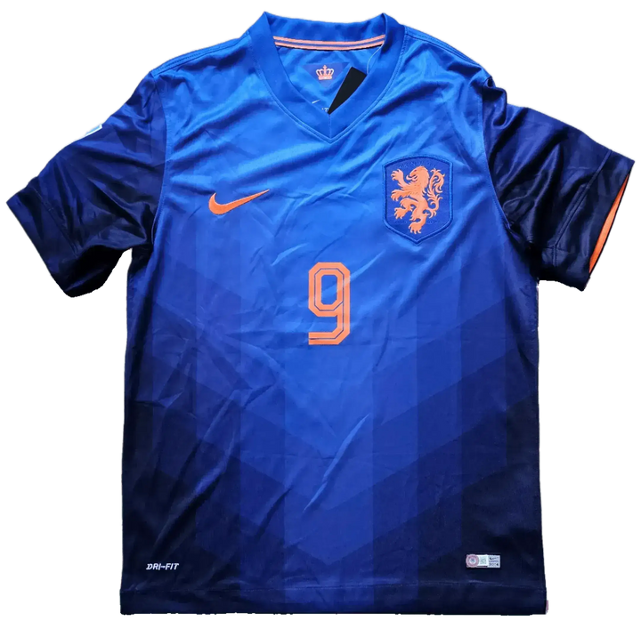 Front view showing orange No. 9 and crest with lion on blue football shirt.