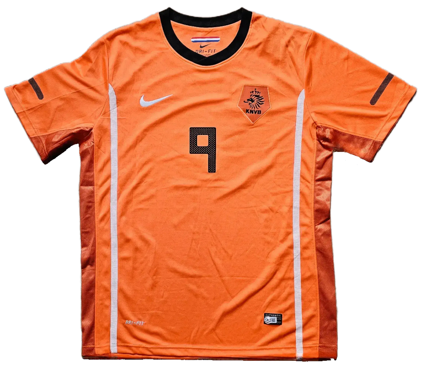 Front view of an orange football shirt featuring No. 9 and KNVB crest.