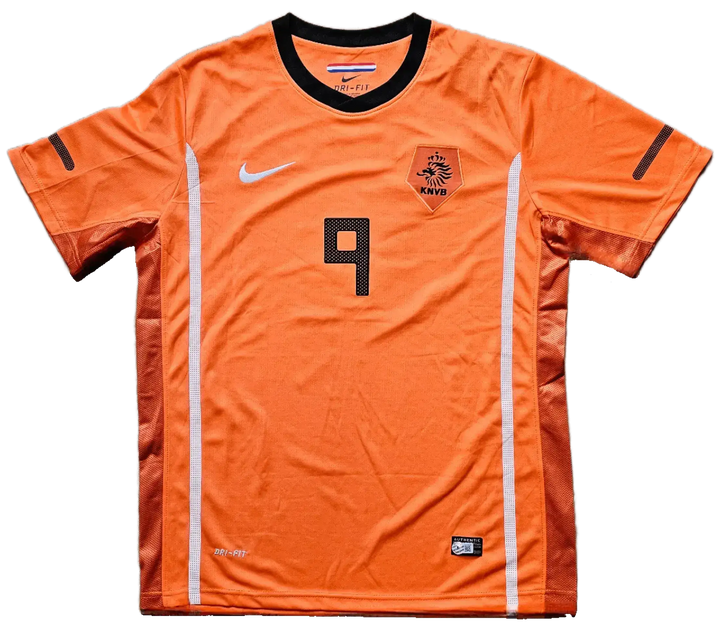 Front view of an orange football shirt featuring No. 9 and KNVB crest.