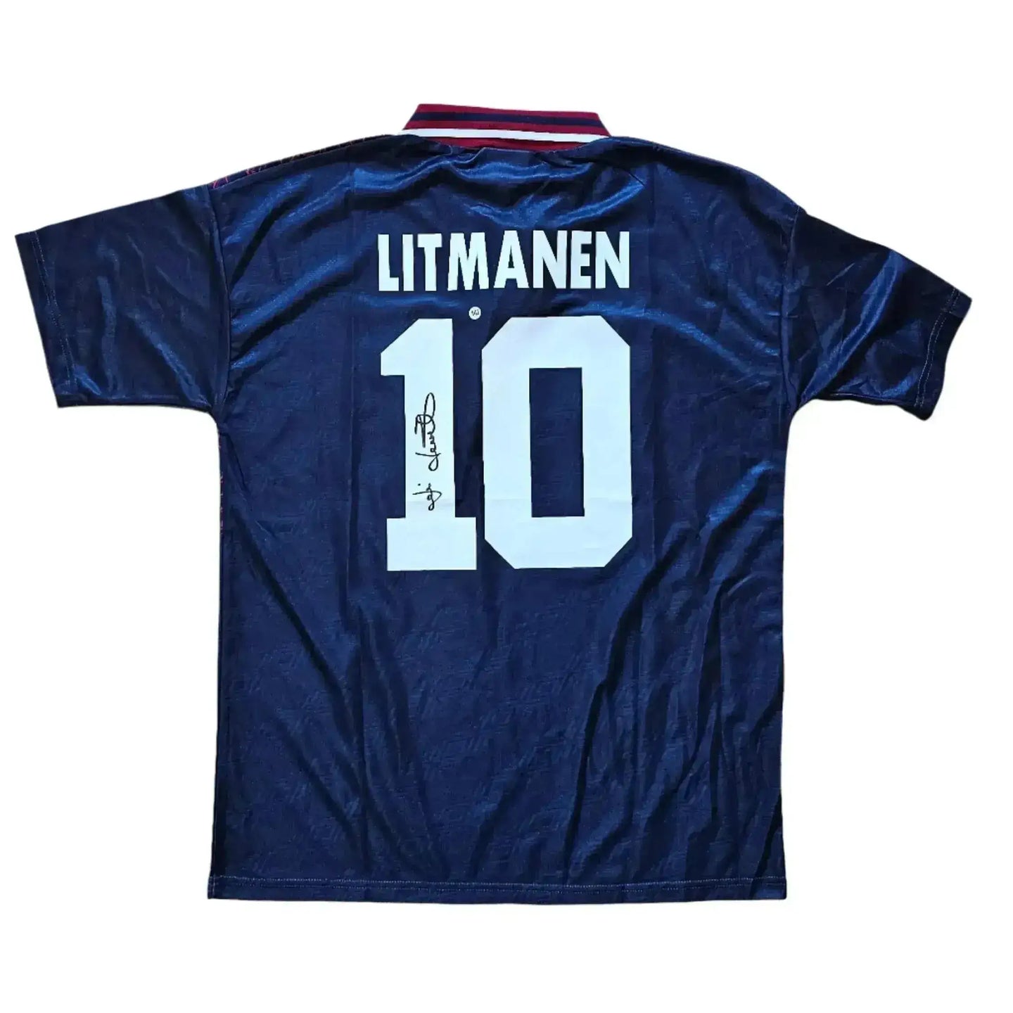 Back view showing Litmanen, No. 10, and signature on a navy soccer jersey.