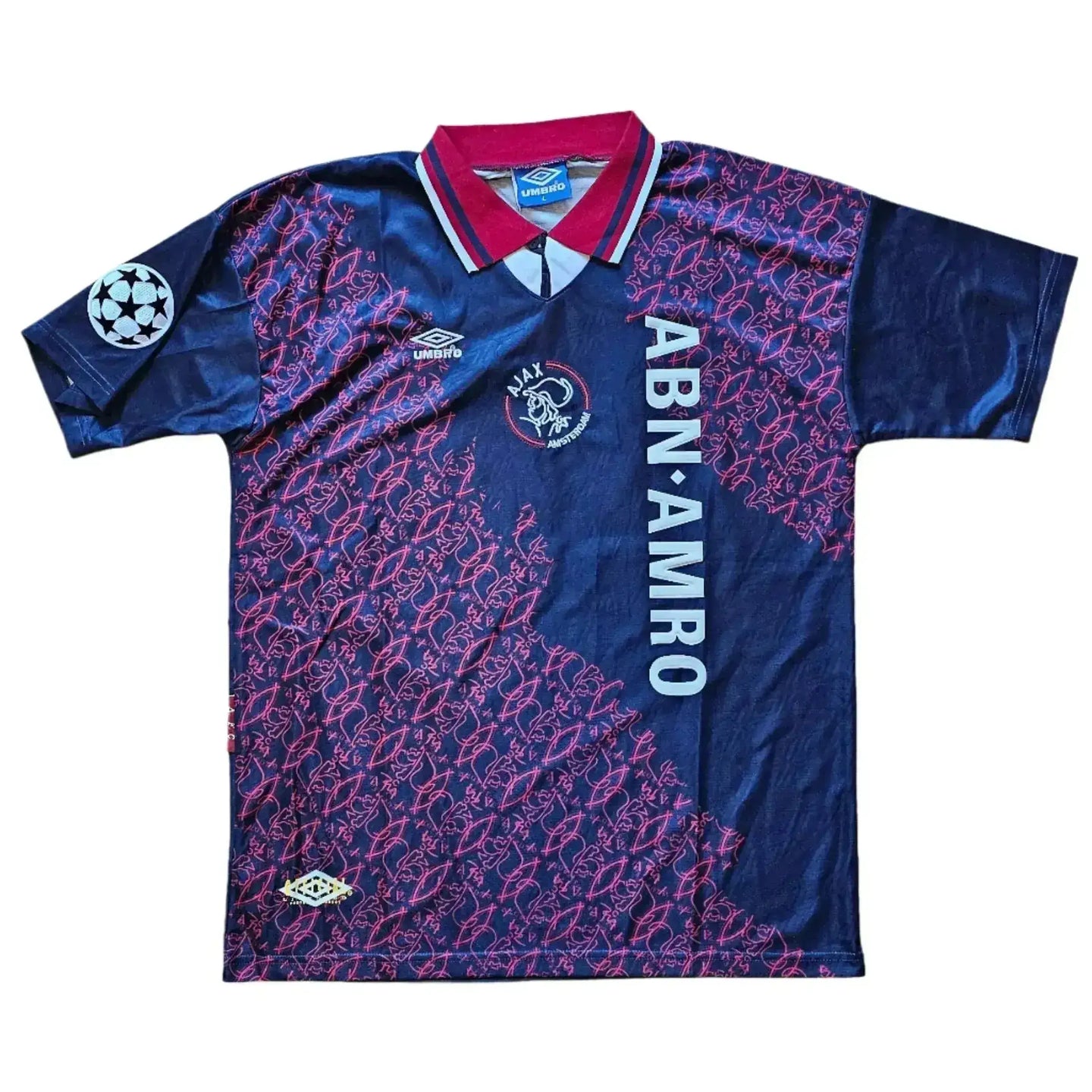 Front view showing ABN AMRO sponsor, Ajax crest, and Umbro logo on blue and maroon soccer jersey.
