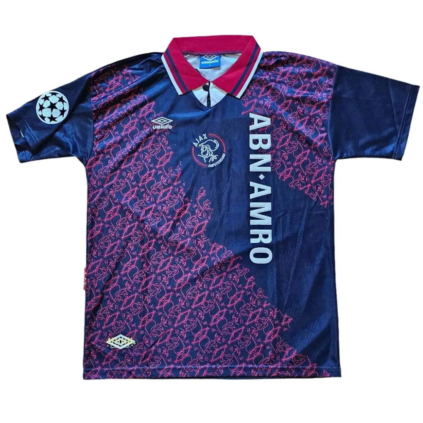 Front view of Jari Litmanen 10 soccer jersey with ABN AMRO sponsor and UEFA Champions League badge.
