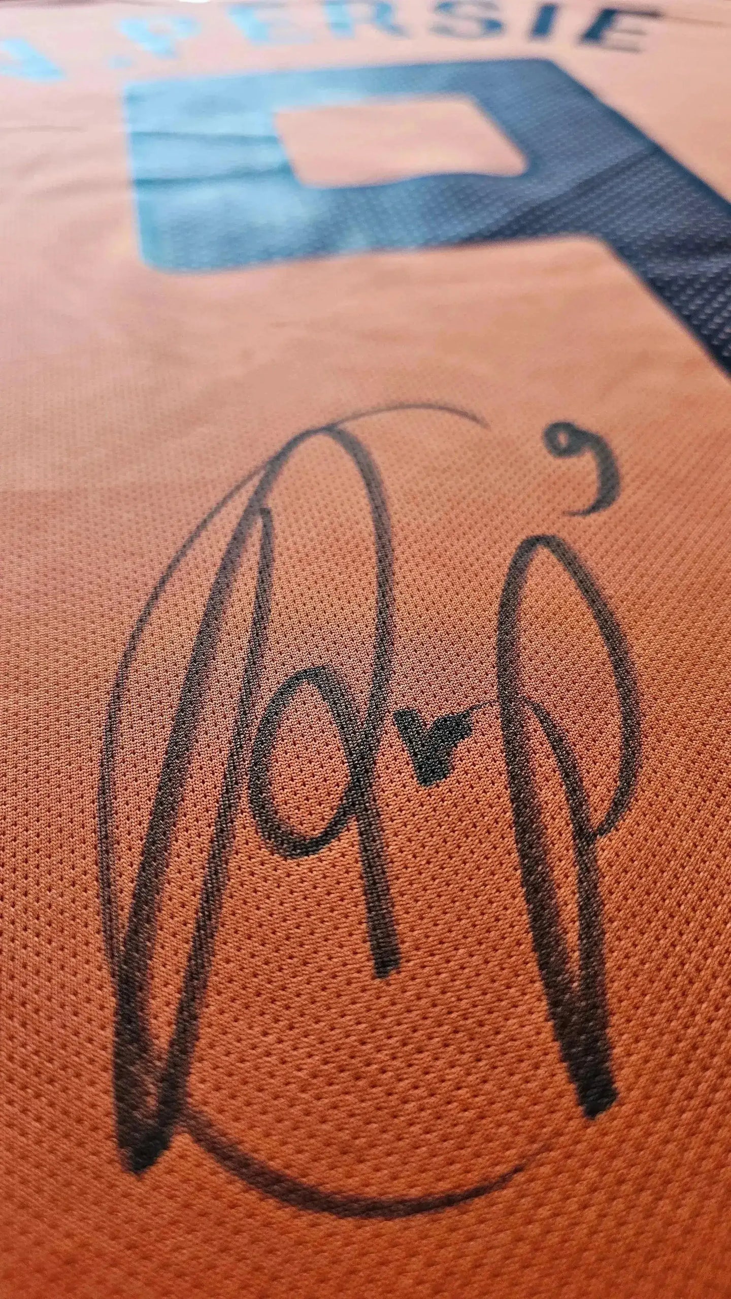 Close-up of the signature of Robin van Persie on an orange football shirt.