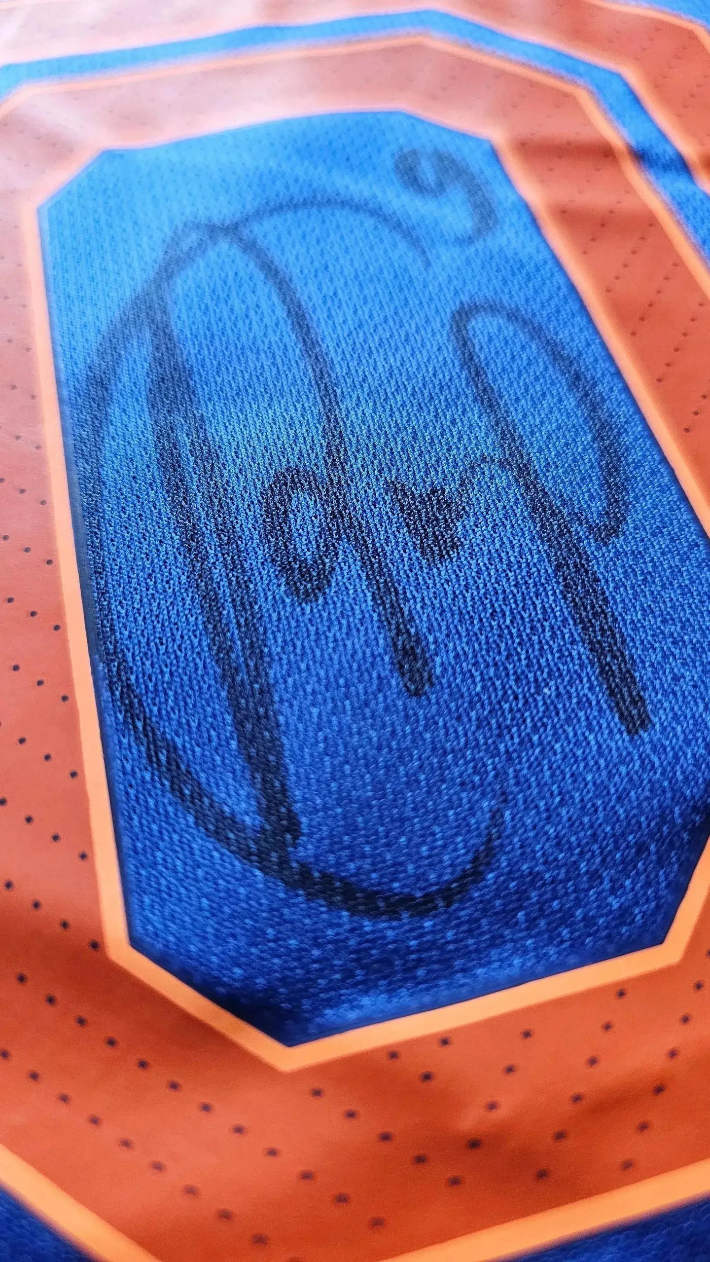 Close-up of the signature on the blue and orange football shirt, featuring the initials RvP.
