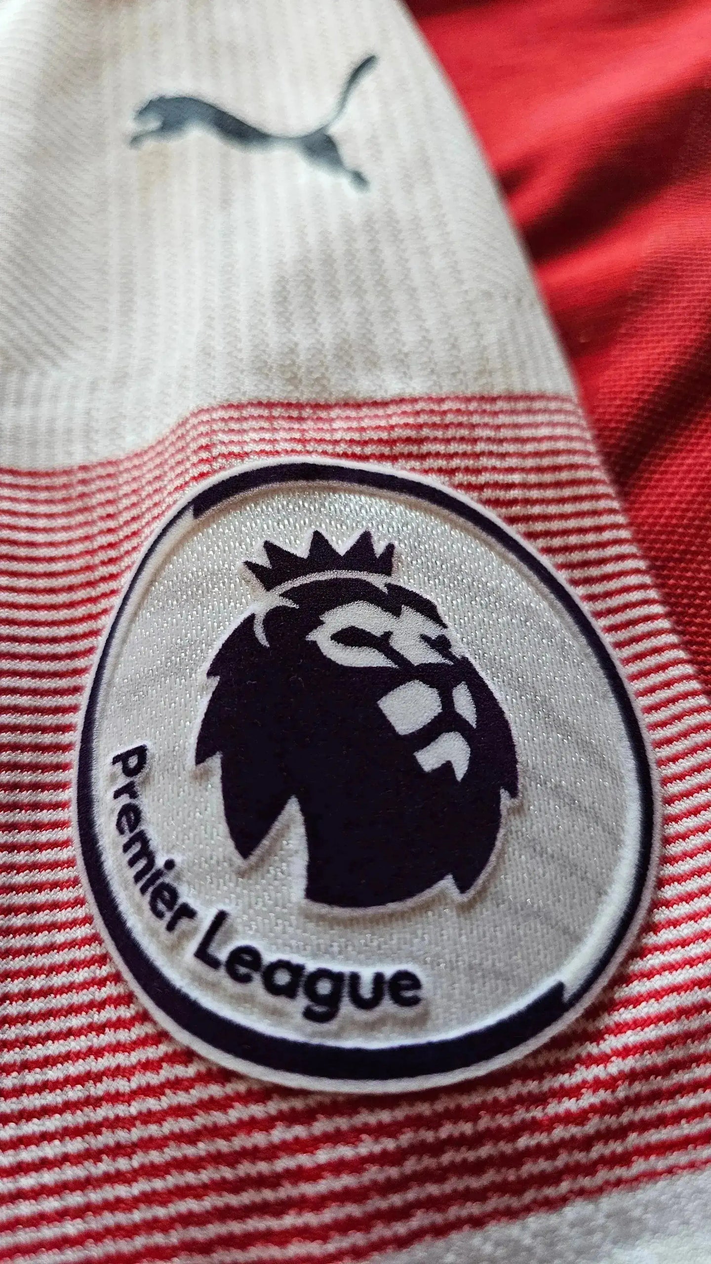 Close-up of the Premier League crest on a red and white soccer jersey, featuring lion emblem and 'Premier League' text.