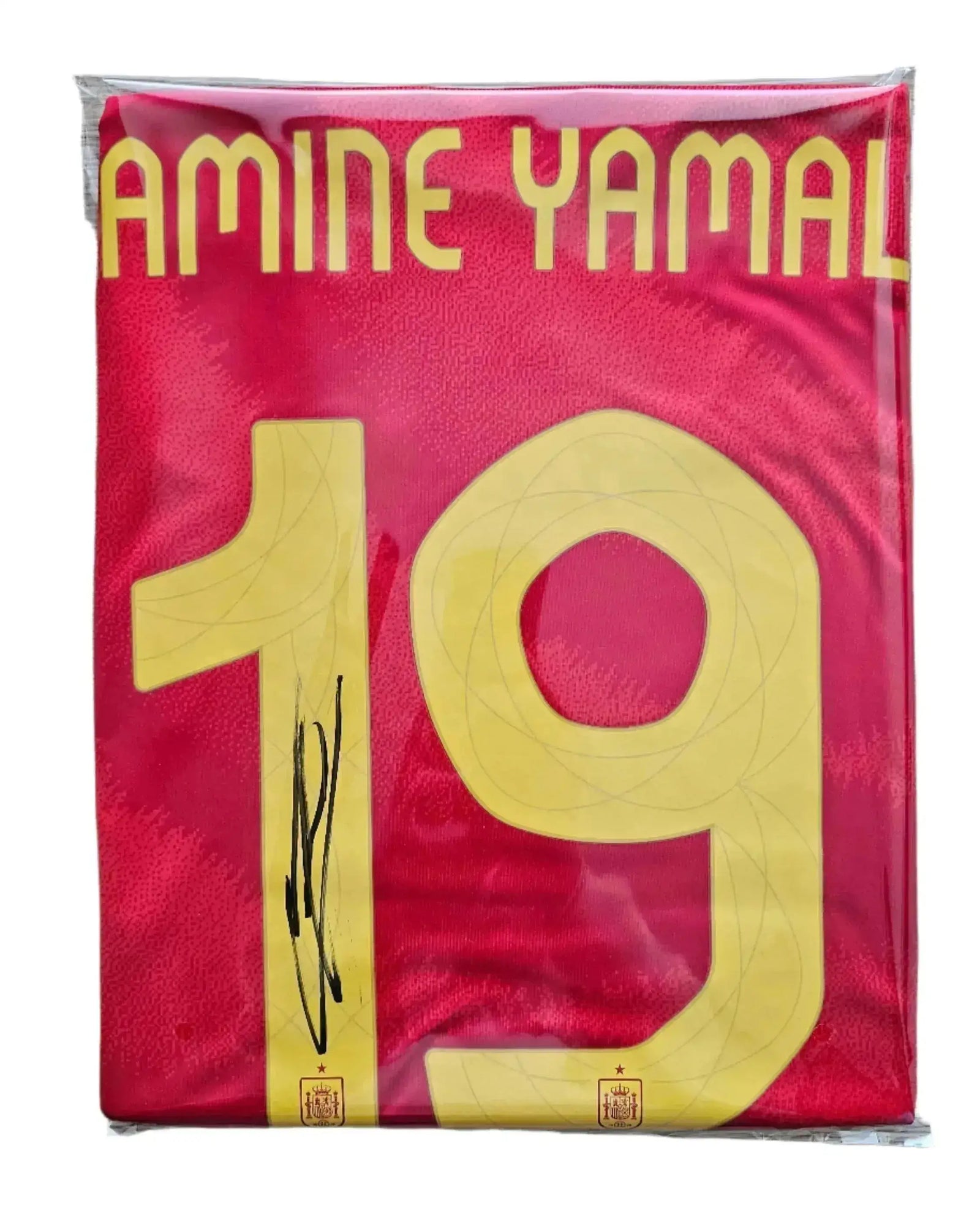 Back view showing Lamine Yamal, No. 19, and signature on a red football shirt.