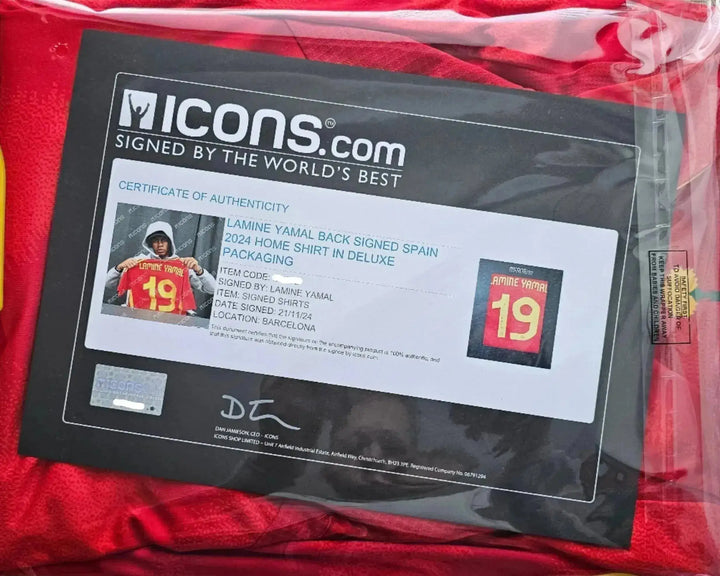 Certificate of authenticity for signed Spain football shirt, featuring player name Lamine Yamal and No. 19.