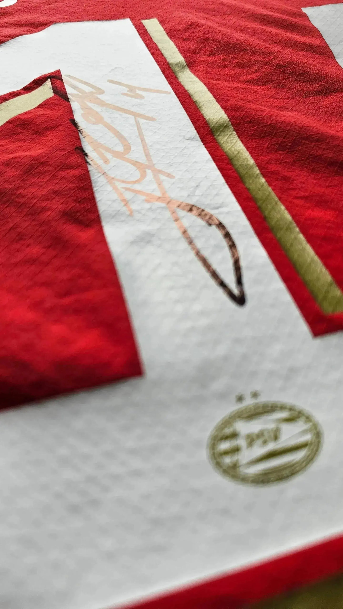 Detail view featuring signature on No. 14 and PSV badge in red and white.