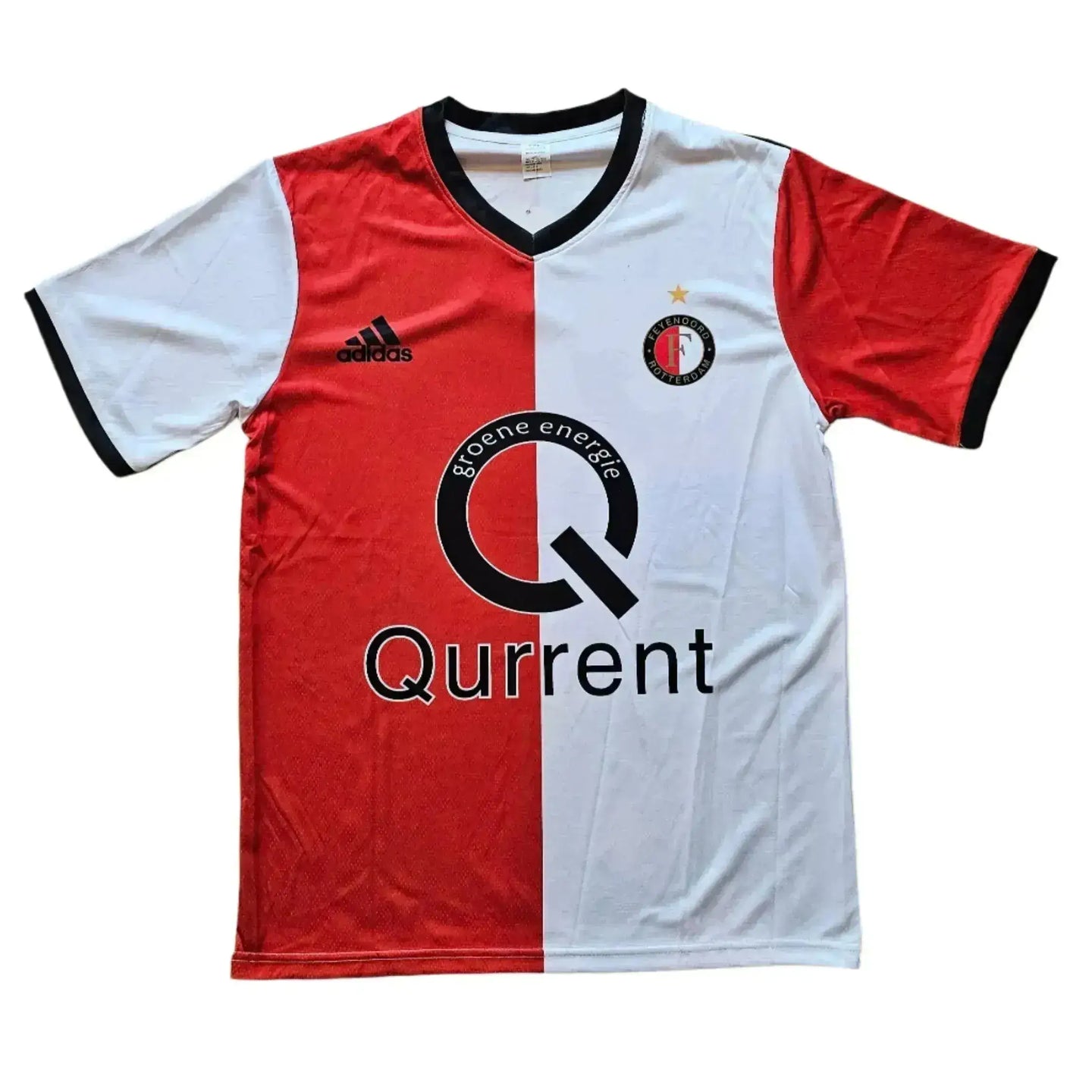 Front view of Feyenoord football shirt featuring red and white halves, Qurrent sponsor, and crest with star.