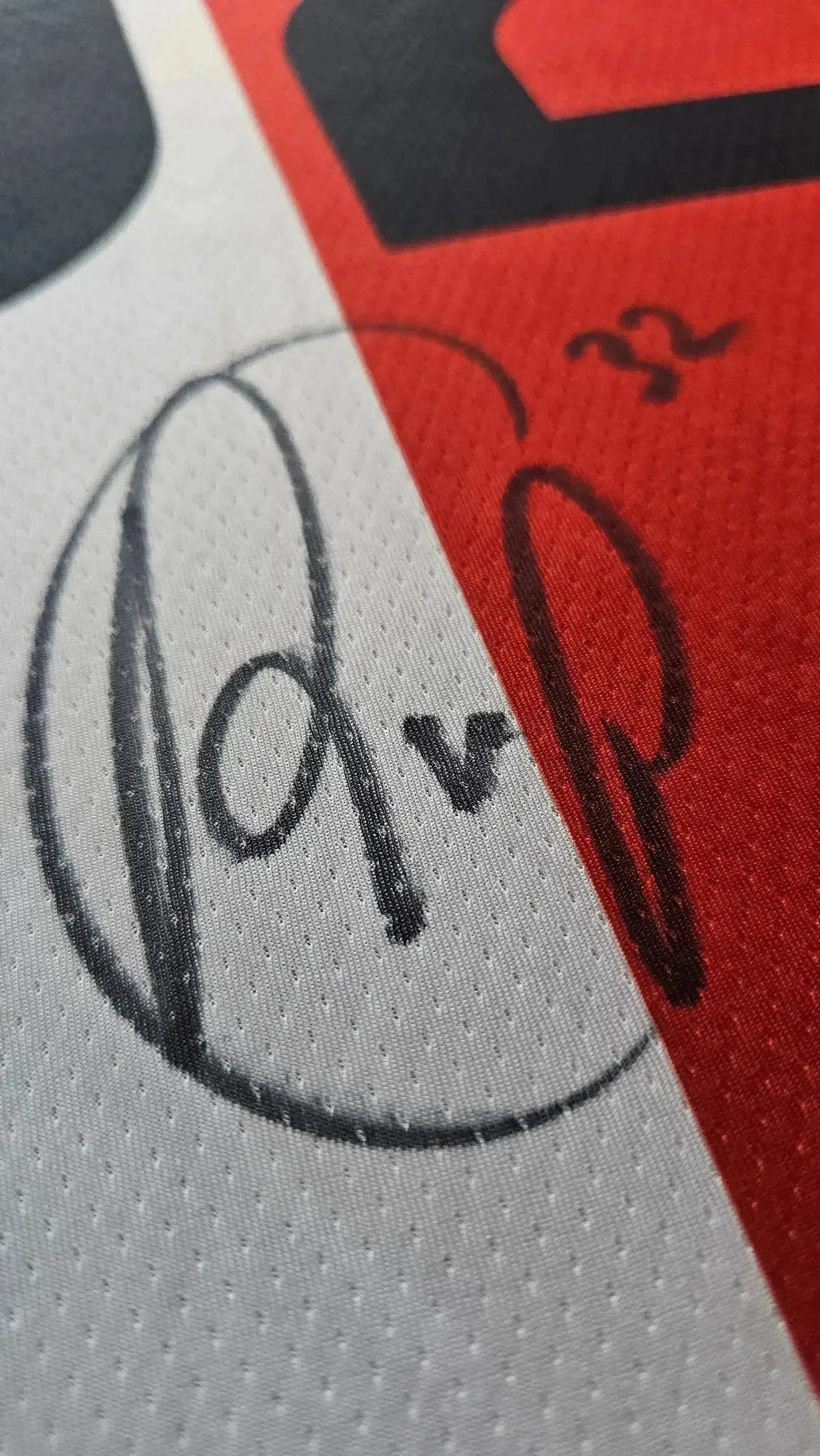 Close-up of Robin van Persie's signature and squad number 32 on the Feyenoord football shirt.