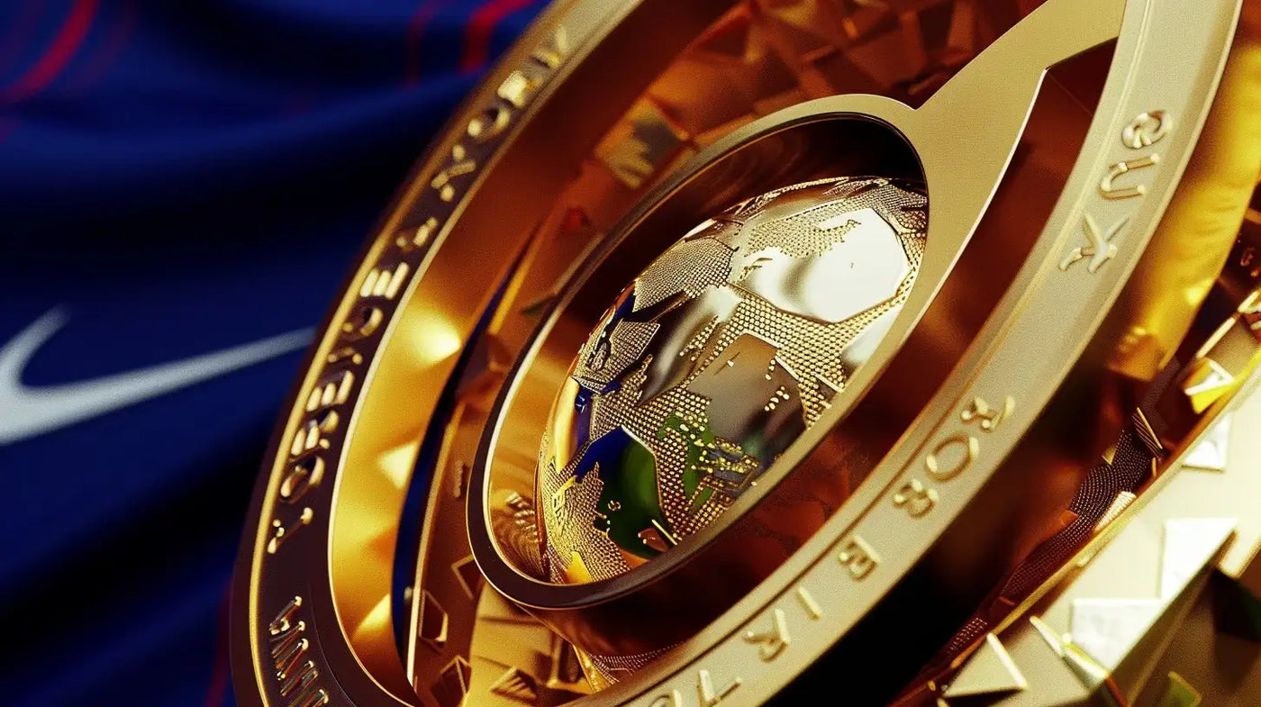 FIFA Club World Cup 2025 trophy in gold on Chelsea blue background, celebrating champions Chelsea FC.