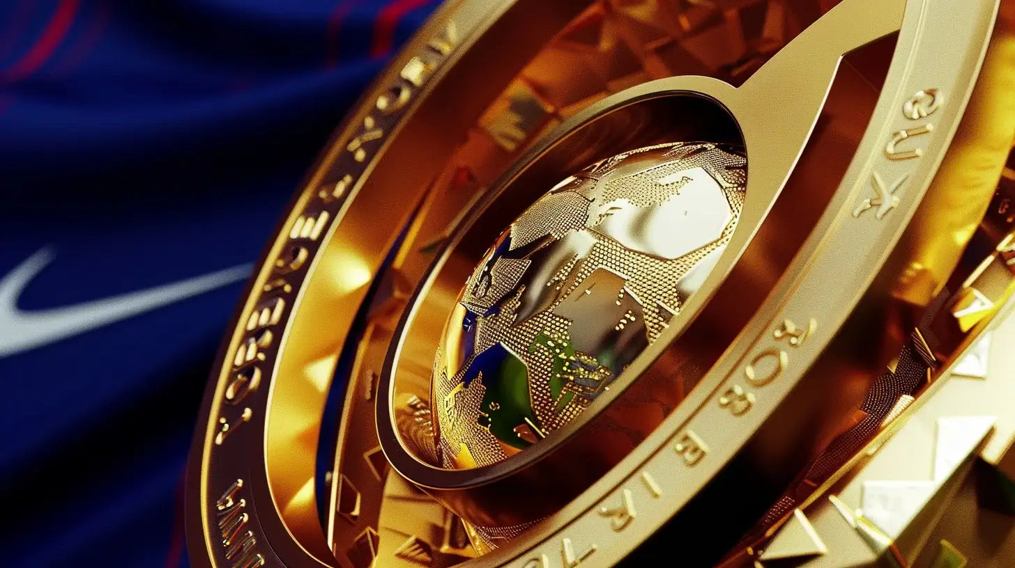 FIFA Club World Cup 2025 trophy in gold on Chelsea blue background, celebrating champions Chelsea FC.