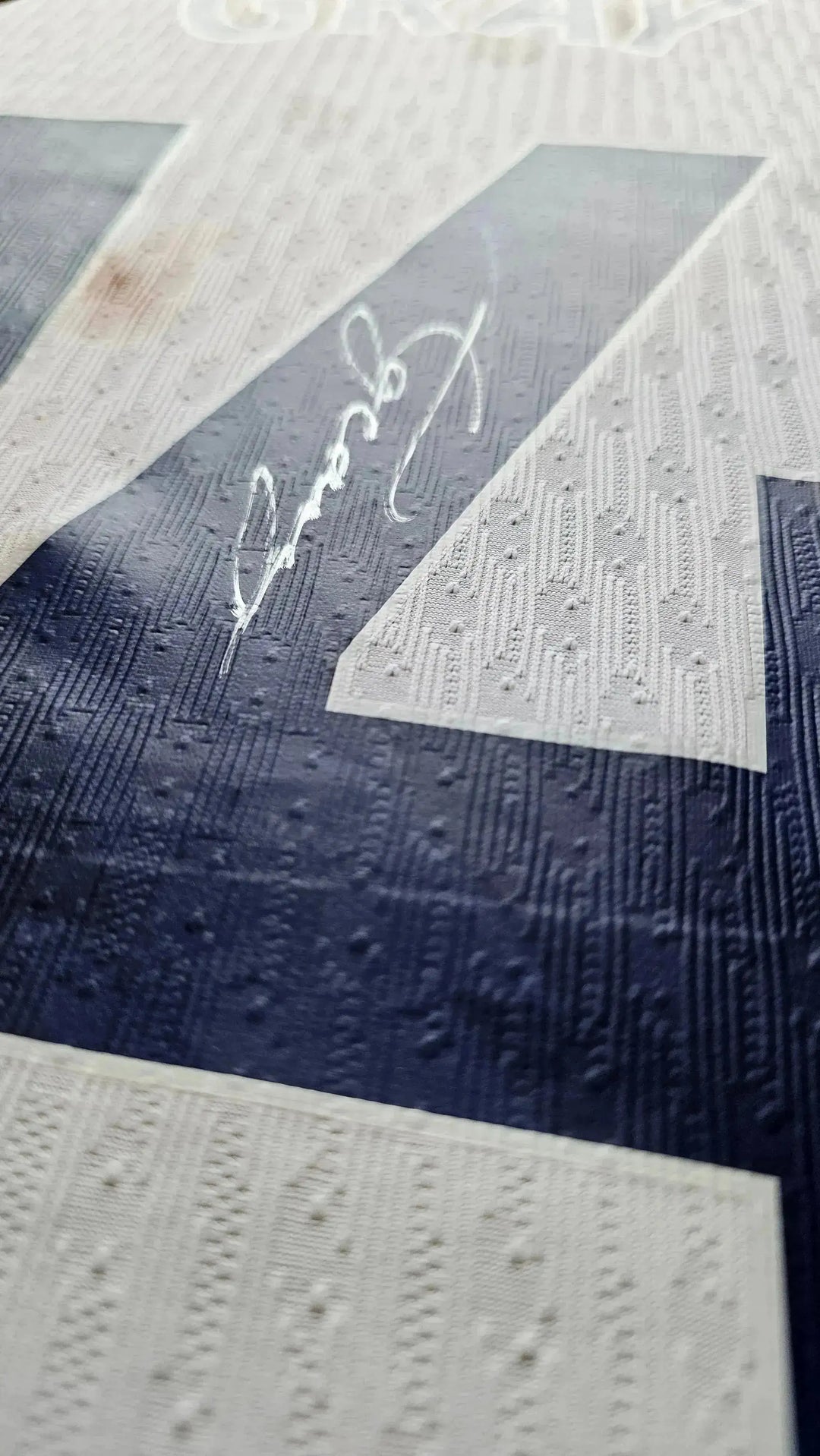 Detail view showing No. 14 and signature on the white Tottenham Hotspur football shirt.