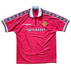 Front view of Jaap Stam 6 Manchester United signed football shirt featuring the Sharp sponsor and crest.