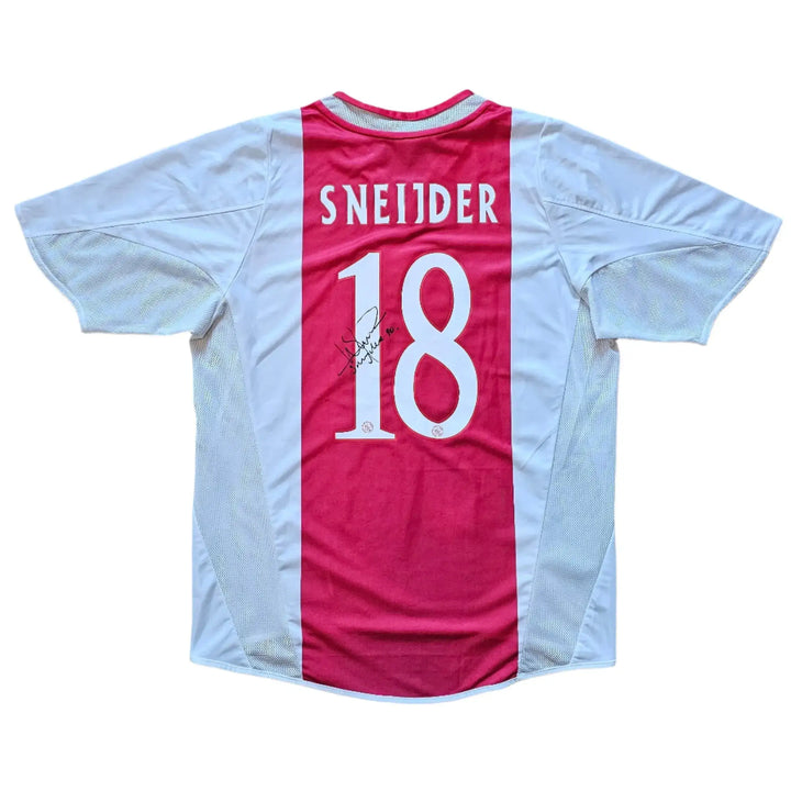 Back view featuring No. 18 and signature of Sneijder on an Ajax football shirt.