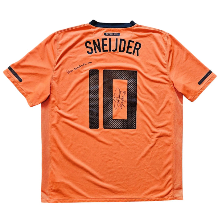 Back view showing SNEIJDER, No. 10, and signature on an orange football shirt.