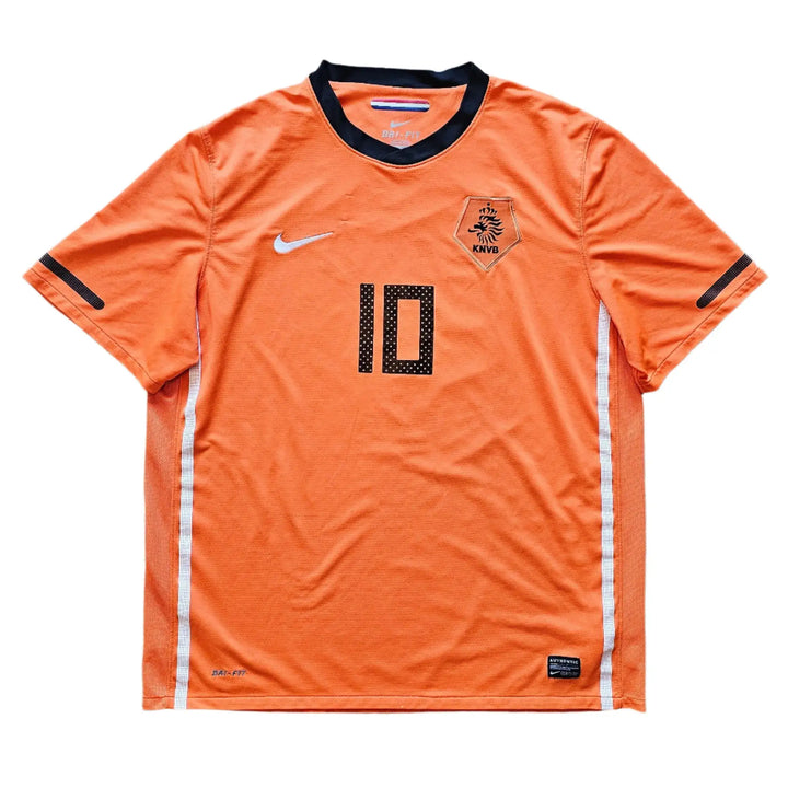 Front view of an orange football shirt with No. 10 and KNVB crest.