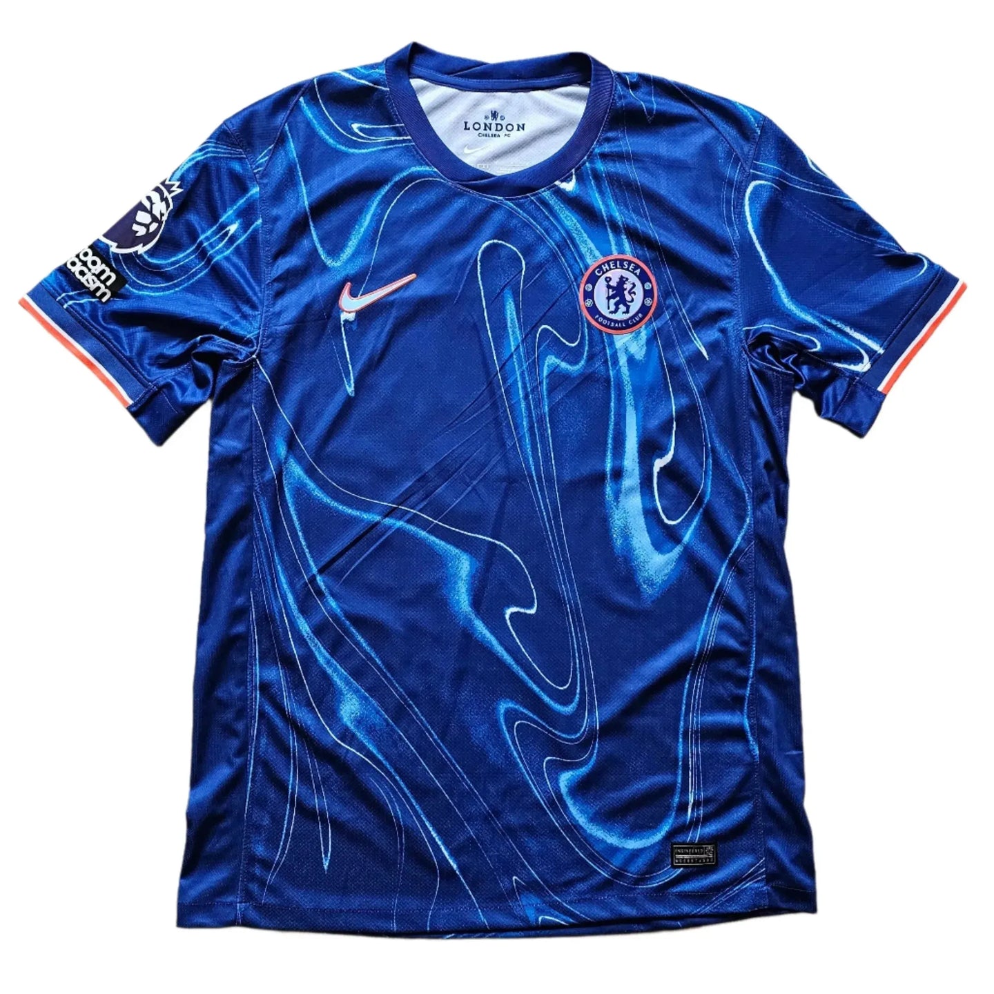 Front view of a Chelsea 2024-2025 signed football shirt featuring the club crest and Nike logo.