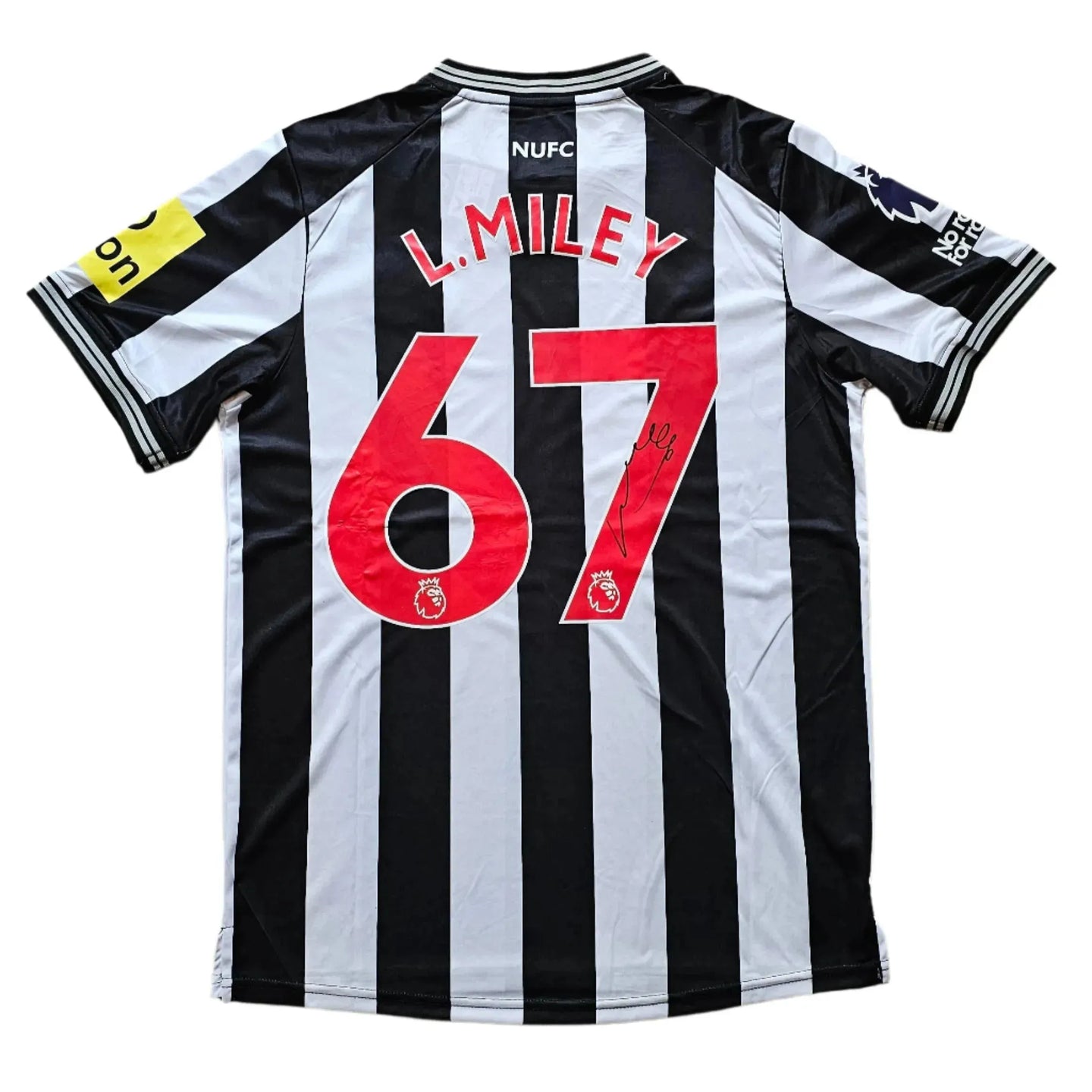 Back view showing L. Miley name, No. 67, and signature details on Newcastle shirt.