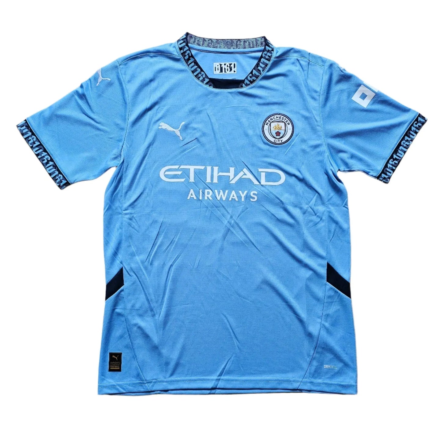 Front view of Savinho 26 Manchester City signed football shirt featuring Etihad Airways sponsor.