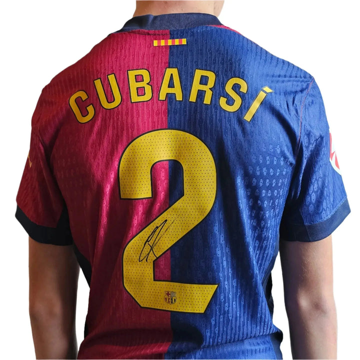 Back view of Pau Cubarsí signed Barcelona football shirt showing name and No. 2.