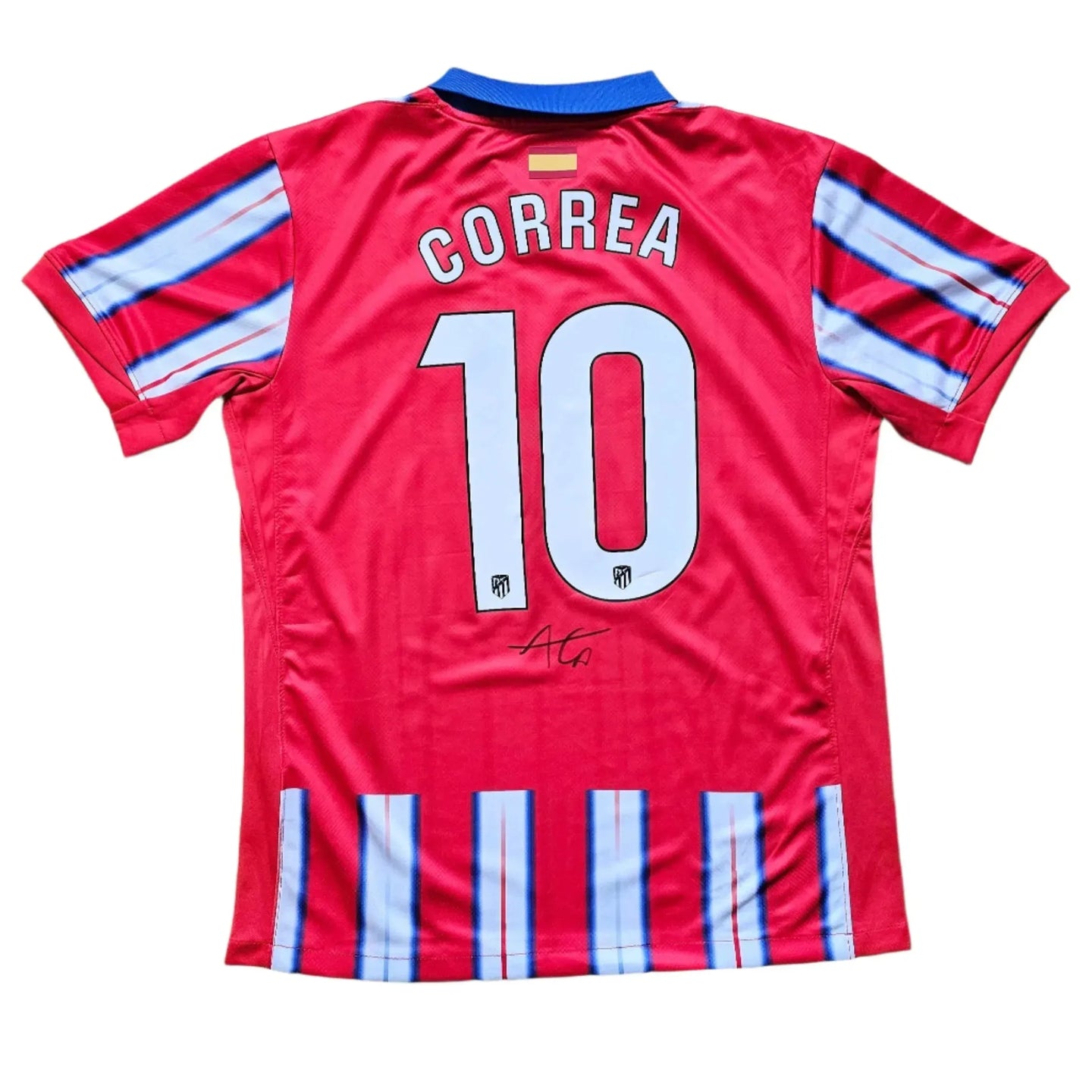 Back view featuring Correa, No. 10, and a signature on the red striped football shirt.