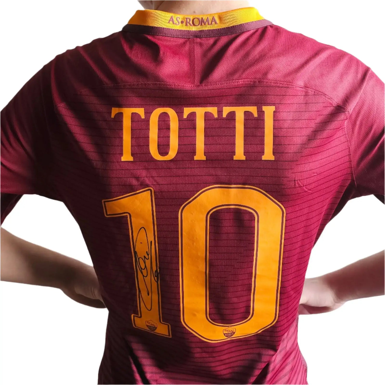 Back view showing Totti, No. 10, with signature and AS Roma crest at the collar.