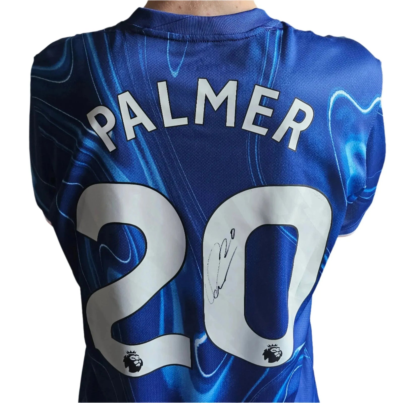 Back view showing Palmer, No. 20, and signature in blue football shirt design.