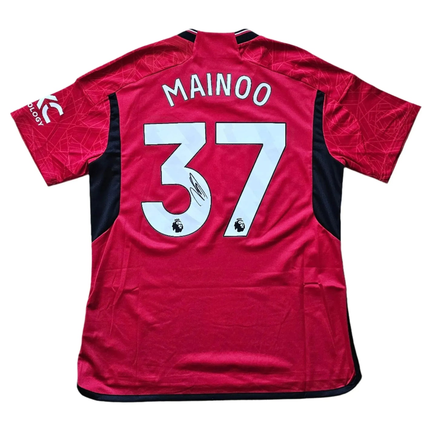 Back view featuring No. 37 and Mainoo's signature on a red Manchester United football shirt.