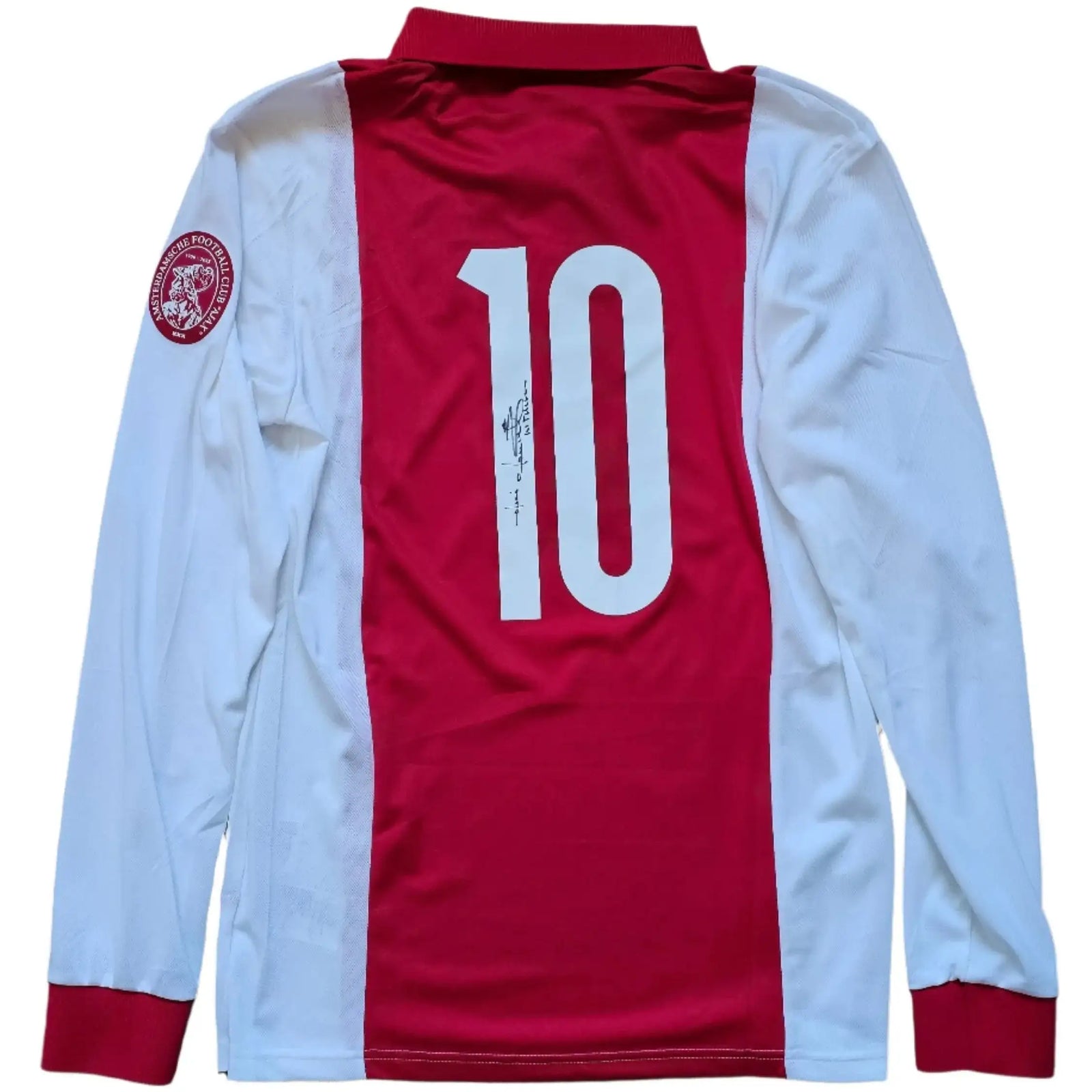 Back view showing No. 10 and signature detail of Jari Litmanen on a red and white Ajax shirt.