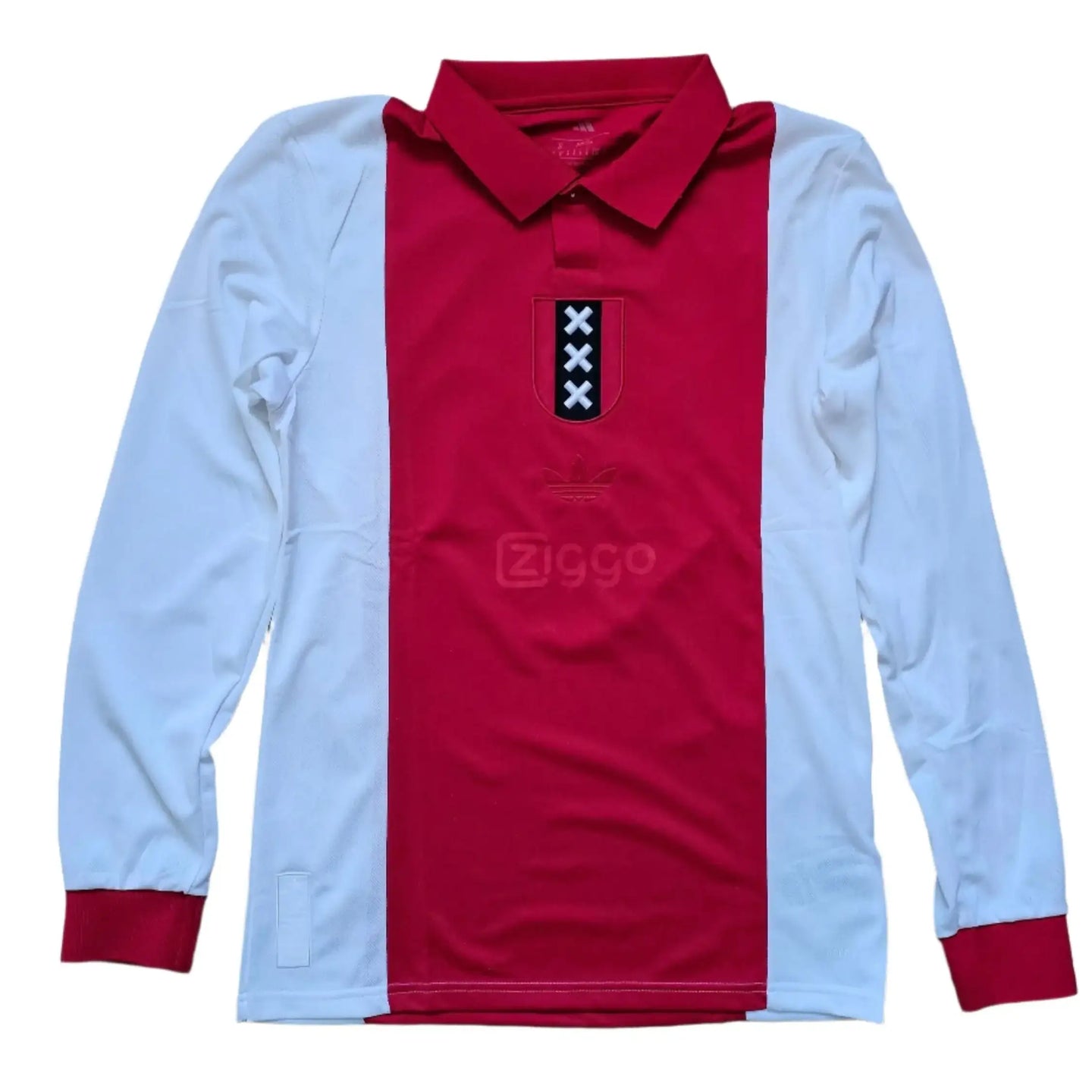 Front view of the Jari Litmanen 10 signed AFC Ajax shirt featuring red and white design and Ziggo logo.