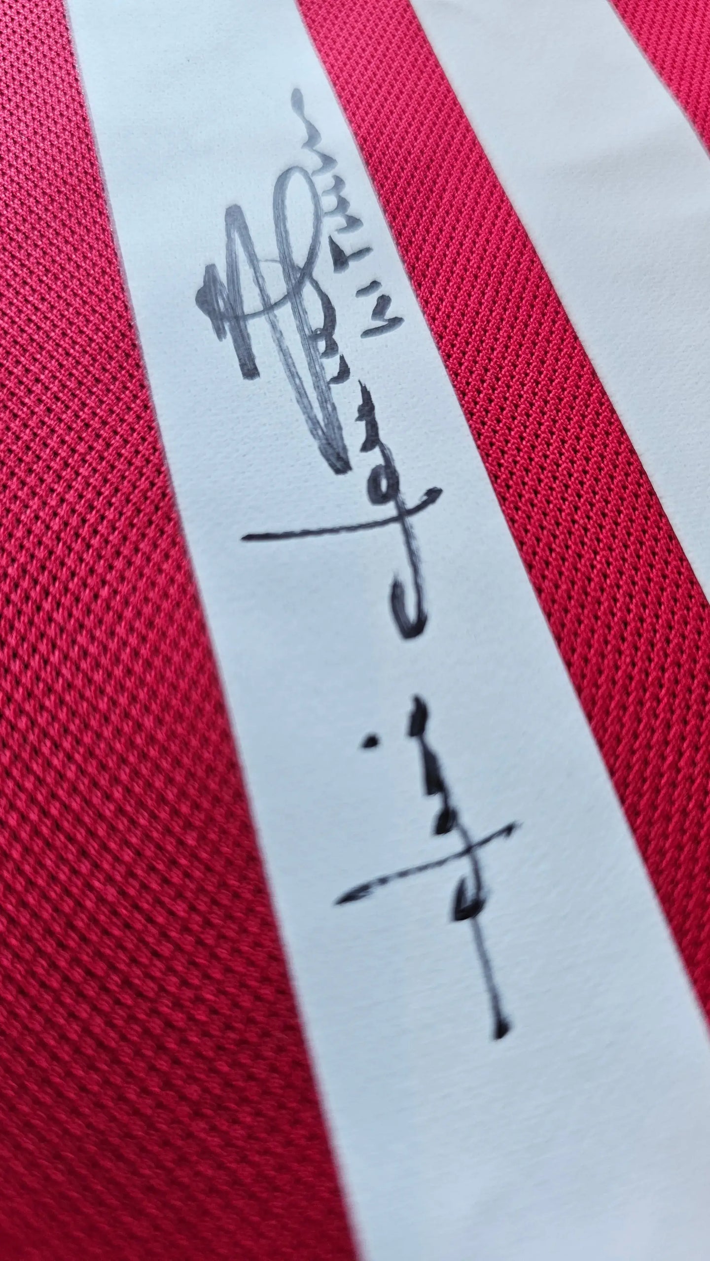 Signature detail of Jari Litmanen on red Ajax shirt with white stripes.