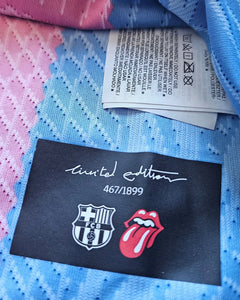 Limited edition tag showing 467/1899, FC Barcelona crest, and Rolling Stones logo.