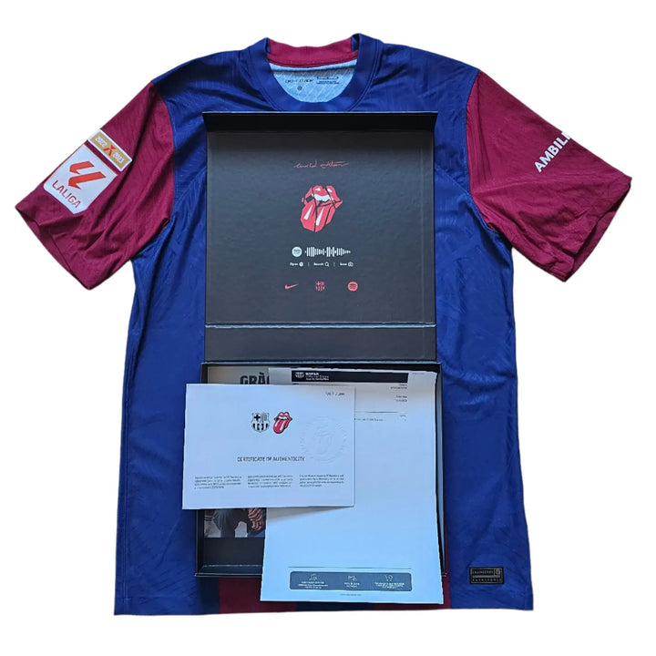 Front view of Barcelona 2024 ROLLING STONES shirt in blue and red with certificate of authenticity.