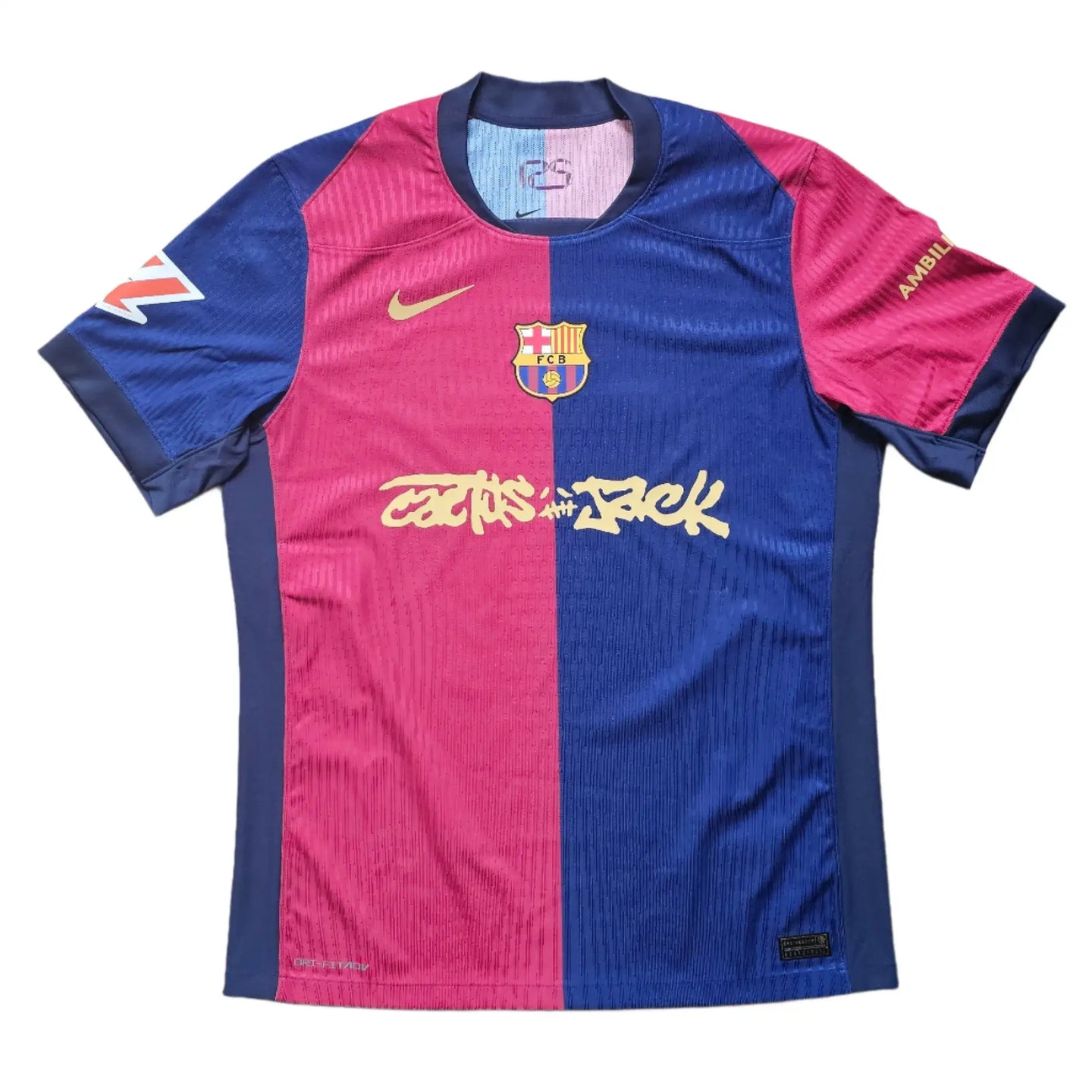 Front view of FC Barcelona football shirt featuring crest, sponsorship detail, and graffiti design.