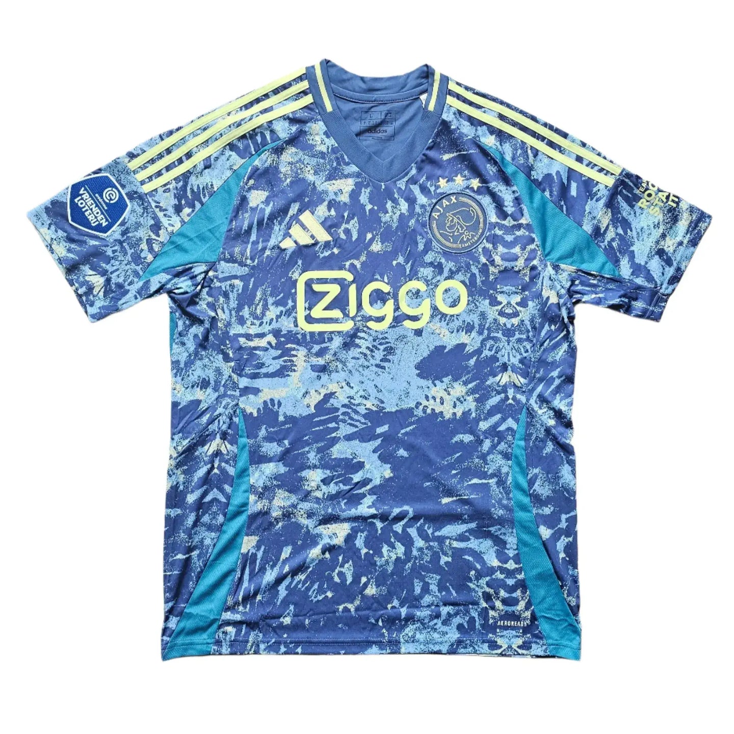 Front view of blue and yellow Ajax signed football shirt with Ziggo sponsor and two stars.