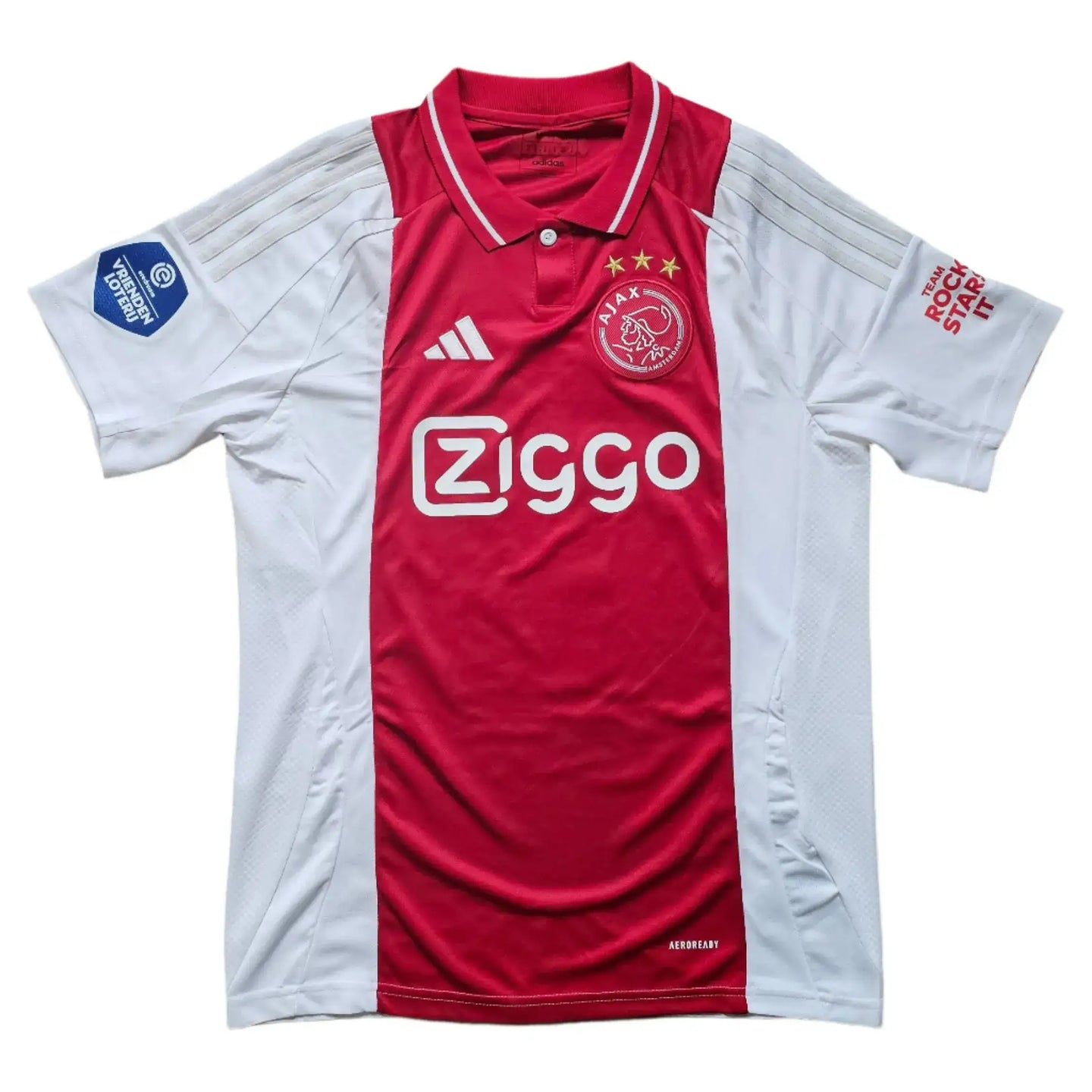 Front view of Ajax football shirt with Ziggo logo and three stars above the crest.