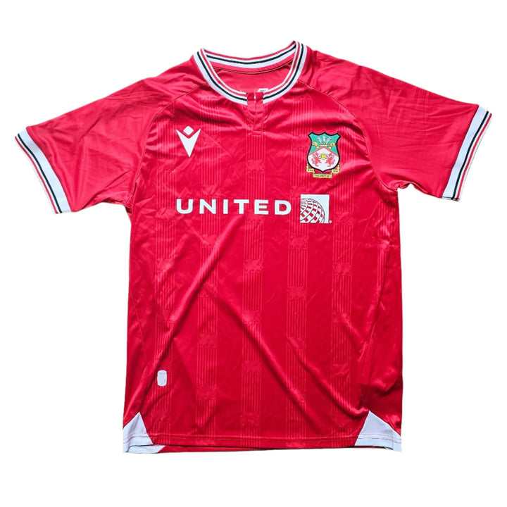 Front view of Phil Parkinson signed Wrexham AFC soccer jersey featuring crest and sponsor United.