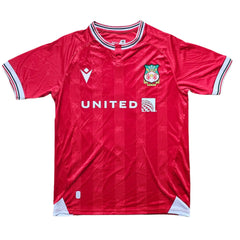 Front view of red Wrexham AFC soccer jersey with crest and 'UNITED' sponsor text.
