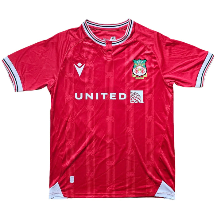 Front view of red Wrexham AFC soccer jersey with crest and &