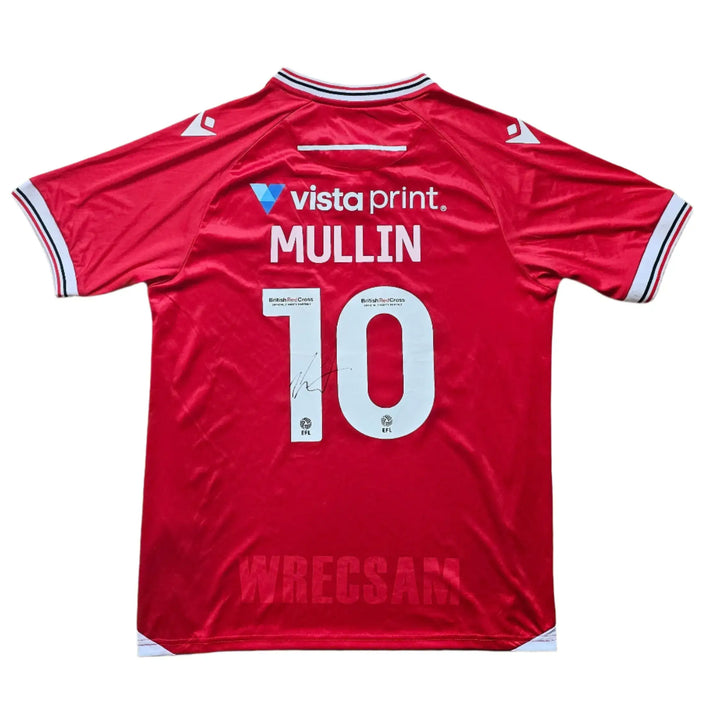 Back view showing No. 10, Mullin name, and signature on a red Wrexham AFC soccer jersey.