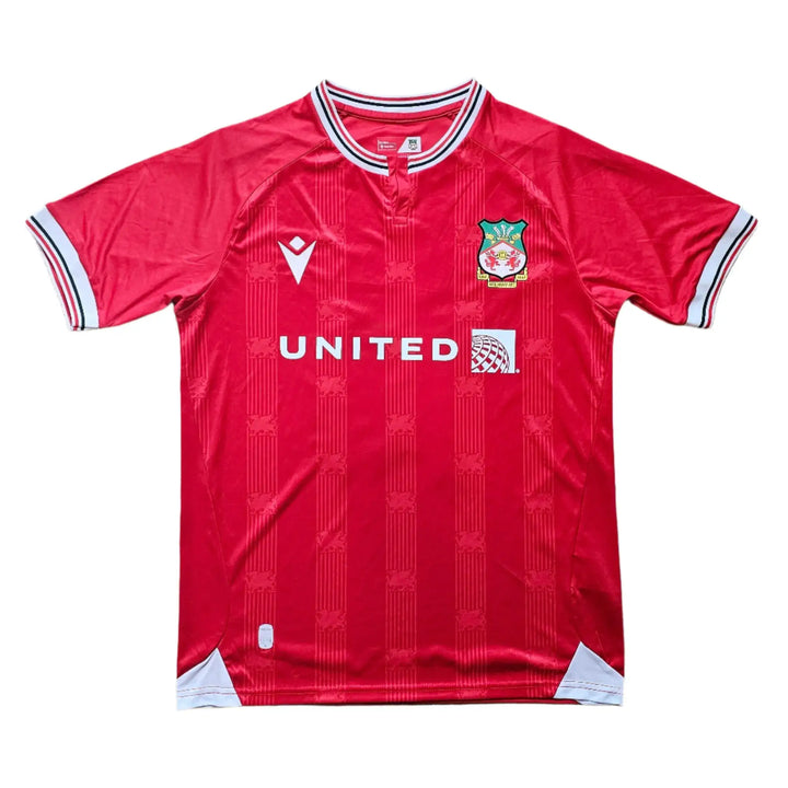 Front view of red Wrexham AFC soccer jersey with crest and United sponsorship visible.