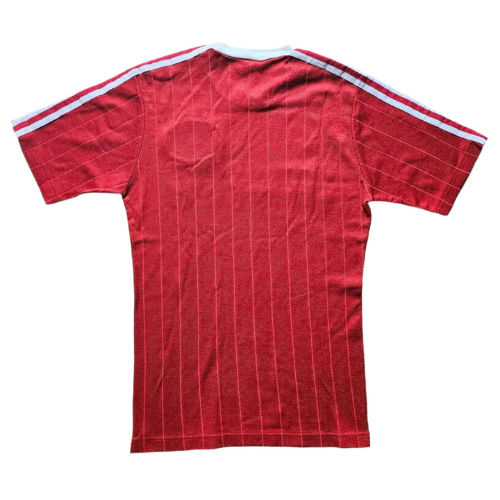 Back view of a red PSV Eindhoven football shirt with horizontal stripes and a white collar.