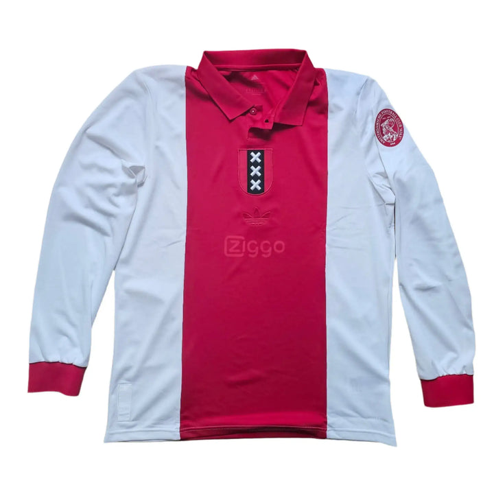 Front view of red and white football shirt featuring zigzag collar, adidas logo, and Ziggo wordmark.