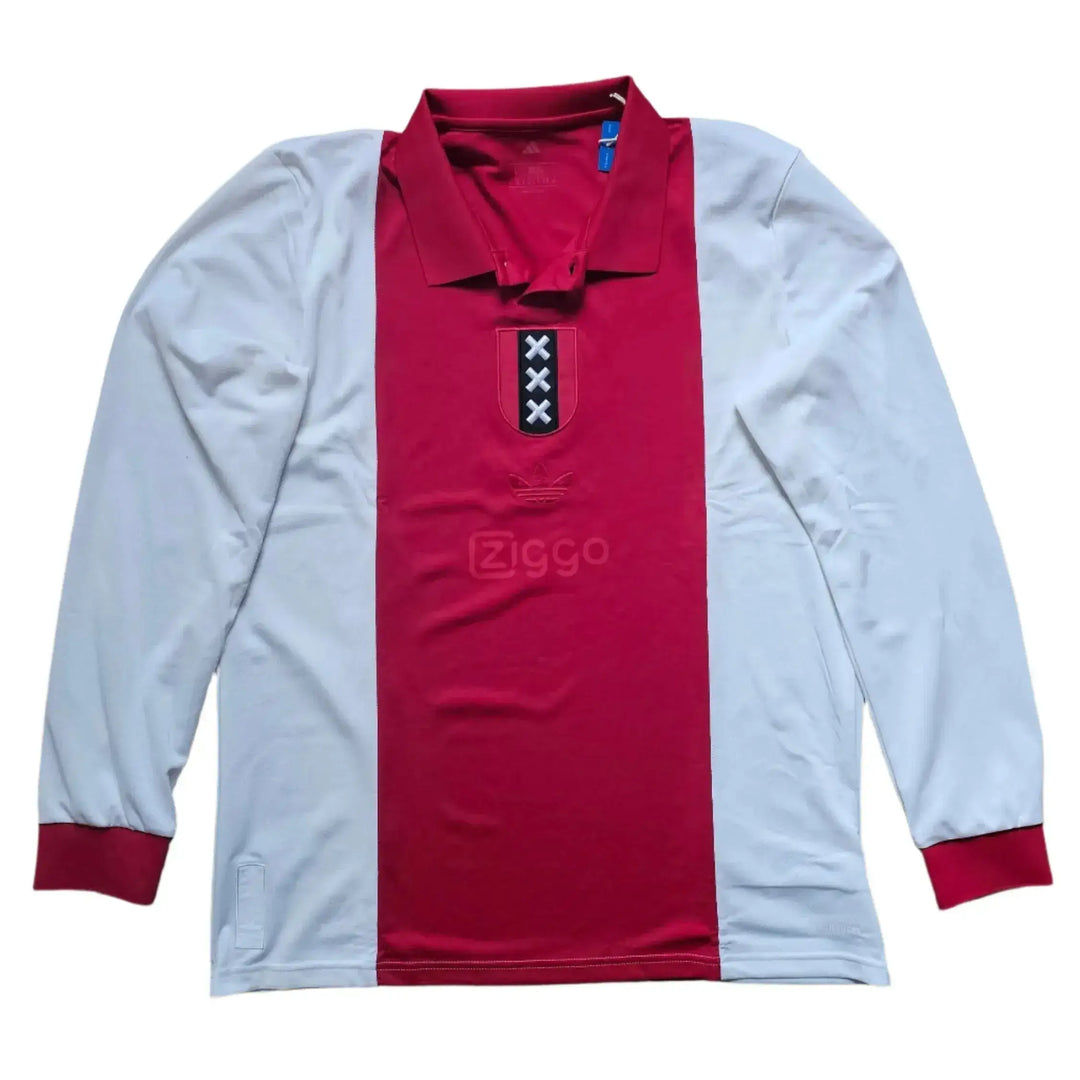 Front view of Sjaak Swart 8 Ajax signed football shirt with red and white design and Ziggo wordmark.