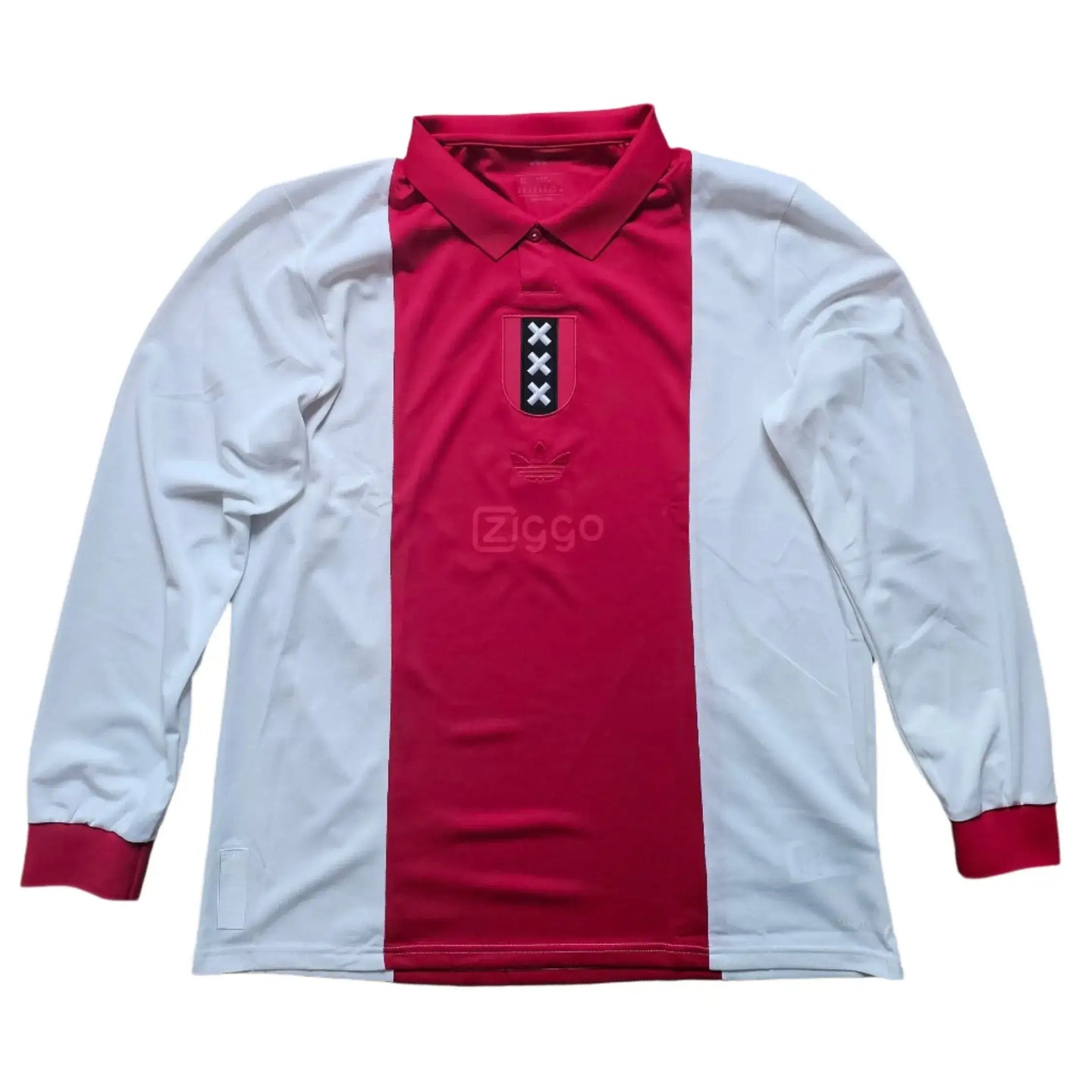 Front view displaying the red and white AFC Ajax 125th Anniversary football shirt with crest and Ziggo logo.