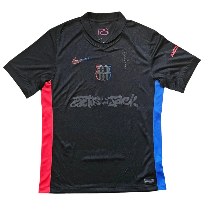 Front view of the FC Barcelona 2025 Travis Scott black away football shirt with signature detail.